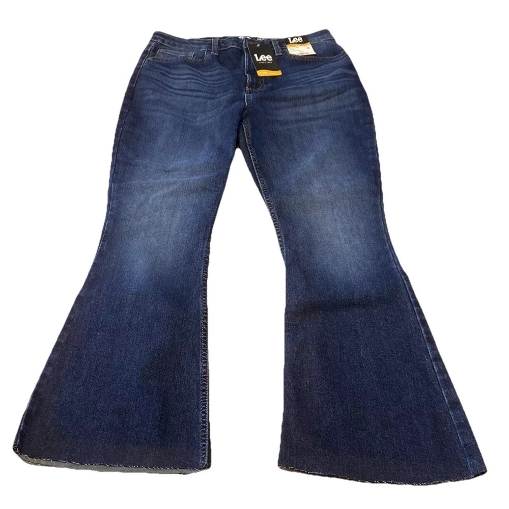 Lee Women's Jeans Size 12L High Rise Flare Slim Fit Blue Denim Raw Hem